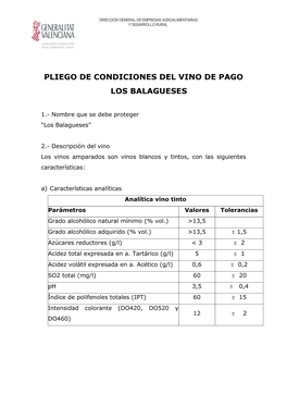 Pliego De Condiciones Del Vino De Pago Los Balagueses