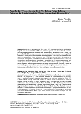 1976: Movimento Black Rio, De Luiz Felipe De Lima Peixoto E Zé Otávio Sabadelhe (Rio De Janeiro: José Olympio, 2016)