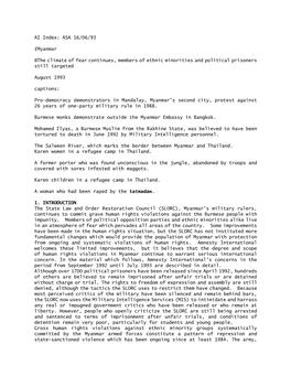 ASA 16/06/93 £Myanmar @The Climate of Fear Continues, Members of Ethnic Minorities and Political Prisoners Still Targ