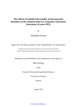 The Effects of Rainfall and Sociality on Host-Parasite Dynamics in the Common Mole-Rat, Cryptomys Hottentotus Hottentotus (Lesson 1812)