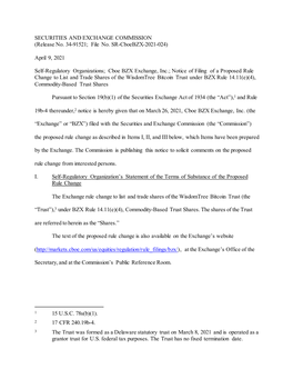 Notice of Filing of a Proposed Rule Change to List and Trade Shares of the Wisdomtree Bitcoin Trust Under BZX Rule 14.11(E)(4), Commodity-Based Trust Shares