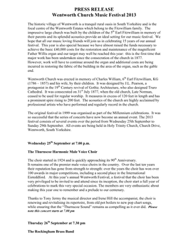 PRESS RELEASE Wentworth Church Music Festival 2013