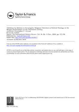 Religious Toleration As Political Theology in the Mongol World Empire of the Thirteenth Century Author(S): Christopher P