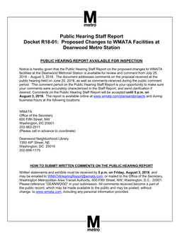 Public Hearing Staff Report Docket R18-01: Proposed Changes to WMATA Facilities at Deanwood Metro Station