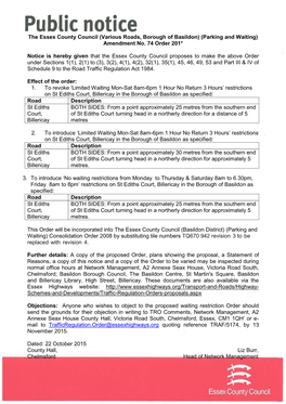 The Essex County Council (Various Roads, Borough of Basildon) (Parking and Waiting) Amendment No