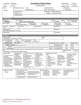 Jonesboro Police Dept Report Date 11/07/18 Page 1 of 9 Incident Report Report Time 3:31 PM Status Exception Clearance Date Reporting Officer ORI/Agency