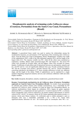 Morphometric Analysis of Swimming Crabs Callinectes Danae (Crustacea, Portunidae) from the Santa Cruz Canal, Pernambuco (Brazil)