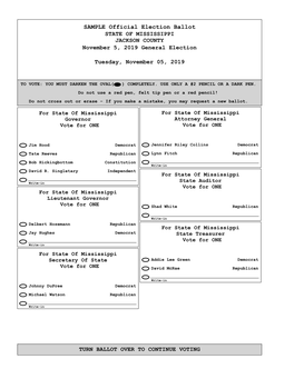 SAMPLE Official Election Ballot STATE of MISSISSIPPI JACKSON COUNTY November 5, 2019 General Election