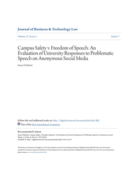 Campus Safety V. Freedom of Speech: an Evaluation of University Responses to Problematic Speech on Anonymous Social Media Susan Dumont