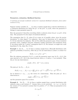 Parameters, Estimation, Likelihood Function a Summary of Concepts