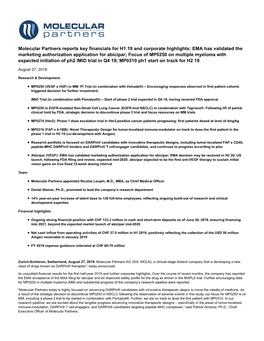 Molecular Partners Reports Key Financials for H1 19 and Corporate Highlights: EMA Has Validated the Marketing Authorization Appl