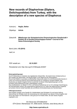 Diptera, Dolichopodidae) from Turkey, with the Description of a New Species of Diaphorus