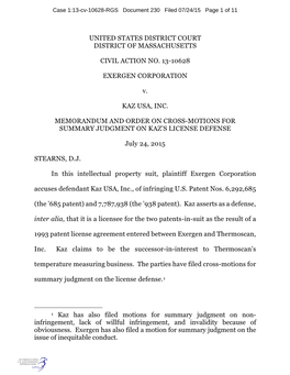 UNITED STATES DISTRICT COURT DISTRICT of MASSACHUSETTS CIVIL ACTION NO. 13-10628 EXERGEN CORPORATION V. KAZ USA, INC. MEMORAND