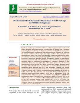 Development of DNA Barcodes for Major Insect Pest of Cole Crops in Mid-Hills of Meghalaya