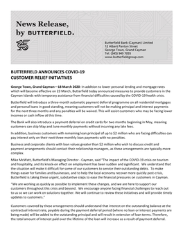 Butterfield Announces Covid-19 Customer Relief Initiatives