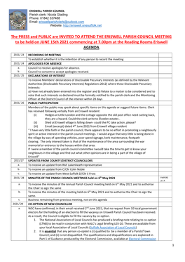 The PRESS and PUBLIC Are INVITED to ATTEND the ERISWELL PARISH COUNCIL MEETING to Be Held on JUNE 15Th 2021 Commencing at 7.00Pm at the Reading Rooms Eriswell AGENDA