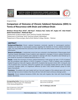 Comparison of Outcome of Chronic Subdural Hematoma (SDH) in Terms of Recurrence with Drain and Without Drain