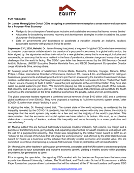 FOR RELEASE: Dr. James Mwangi Joins Global Ceos in Signing a Commitment to Champion a Cross-Sector Collaboration for a Purpose–First Economy