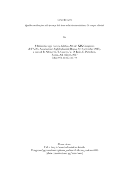 In L'italianistica Oggi: Ricerca E Didattica, Atti Del XIX Congresso