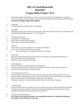 BIG 10 Youth Basketball 2016/2017 League Rules Grades 7 & 8