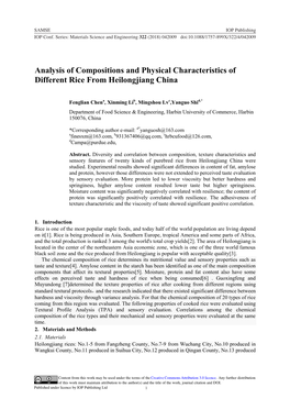 Analysis of Compositions and Physical Characteristics of Different Rice from Heilongjiang China