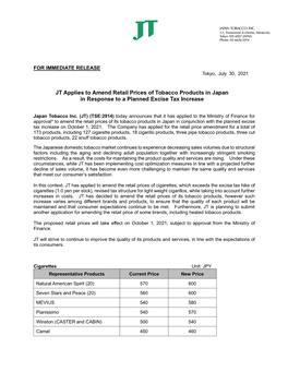 JT Applies to Amend Retail Prices of Tobacco Products in Japan in Response to a Planned Excise Tax Increase