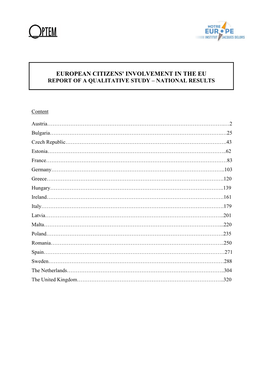 European Citizens' Involvement in the Eu Report of a Qualitative Study – National Results