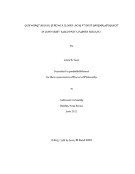 QUN'ngiaqtiarlugu (TAKING a CLOSER LOOK) at INUIT QAUJIMAJATUQANGIT in COMMUNITY-BASED PARTICIPATORY RESEARCH by Jenny R. Rand