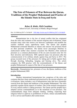 The Fate of Prisoners of War Between the Quran, Traditions of the Prophet Muhammad and Practice of the Islamic State in Iraq and Syria