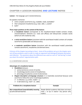 Chapter 4 Lexicon Reading and Lecture Notes