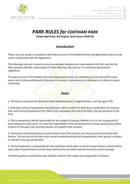 PARK RULES for COOTHAM PARK Pulborough Road, Storrington, West Sussex RH20 4JS