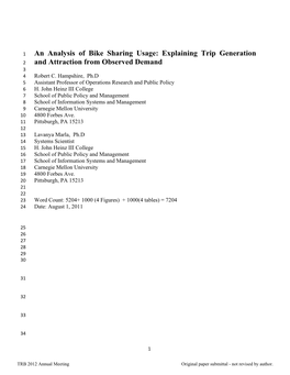 An Analysis of Bike Sharing Usage: Explaining Trip Generation 2 and Attraction from Observed Demand 3 4 Robert C