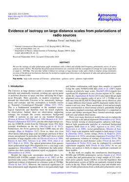 Evidence of Isotropy on Large Distance Scales from Polarizations of Radio Sources Prabhakar Tiwari1 and Pankaj Jain2