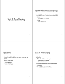 Topic 9: Type Checking • Readings: • Chapter 13.5, 13.6 and 13.7