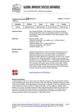 (GISD) 2021. Species Profile Tabebuia Heterophylla. Pag