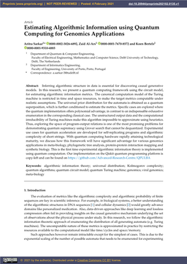 Estimating Algorithmic Information Using Quantum Computing for Genomics Applications