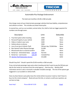 Automobile Plus Package Endorsement Description Limit