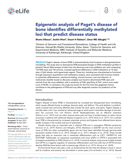 Epigenetic Analysis of Paget's Disease of Bone Identifies Differentially Methylated Loci That Predict Disease Status