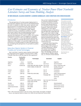 Cost Estimates and Economics of Nuclear Power Plant Newbuild: Literature Survey and Some Modeling Analysis