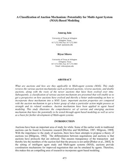 A Classification of Auction Mechanism: Potentiality for Multi-Agent System (MAS) Based Modeling