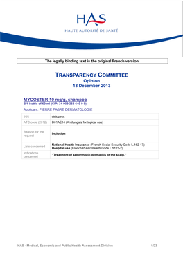 TRANSPARENCY COMMITTEE Opinion 18 December 2013