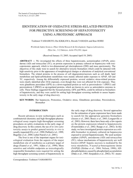 Identification of Oxidative Stress-Related Proteins for Predictive Screening of Hepatotoxicity Using a Proteomic Approach