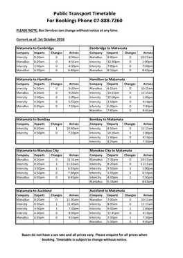 Public Transport Timetable for Bookings Phone 07-888-7260