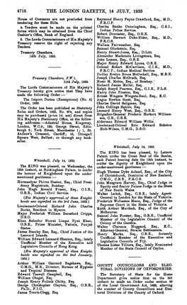 4716 the LONDON GAZETTE, 14 JULY, 1933 House of Commons Are Not Precluded from Raymond Henry Payne Crawfurd, Esq., M.D., Tendering for These Bills