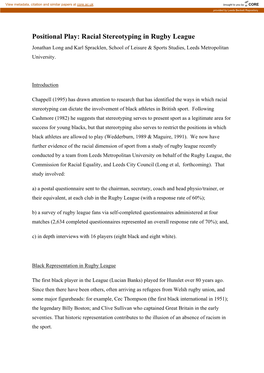 Racial Stereotyping in Rugby League Jonathan Long and Karl Spracklen, School of Leisure & Sports Studies, Leeds Metropolitan University