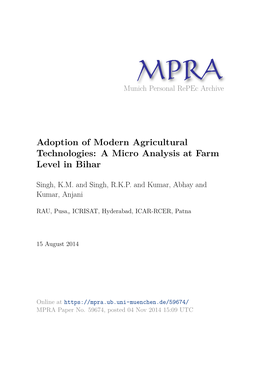 Adoption of Modern Agricultural Technologies: a Micro Analysis at Farm Level in Bihar