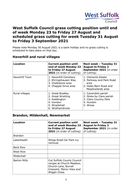 West Suffolk Council Grass Cutting Position Week Ending 29 August 2021