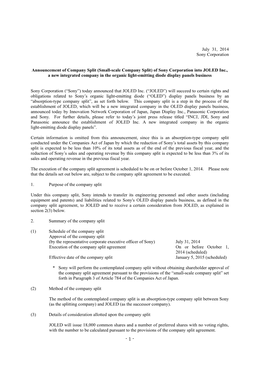 (Small-Scale Company Split) of Sony Corporation Into JOLED Inc., a New Integrated Company in the Organic Light-Emitting Diode Display Panels Business