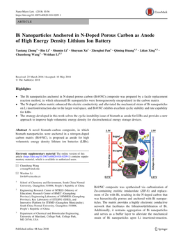 Bi Nanoparticles Anchored in N-Doped Porous Carbon As Anode of High Energy Density Lithium Ion Battery