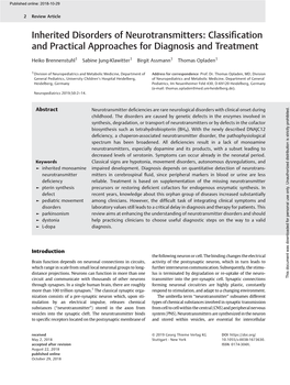 Inherited Disorders of Neurotransmitters: Classiﬁcation and Practical Approaches for Diagnosis and Treatment